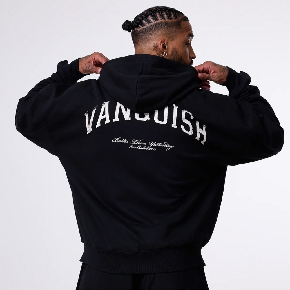 Black graphic workout hoodie by vanquish fitness